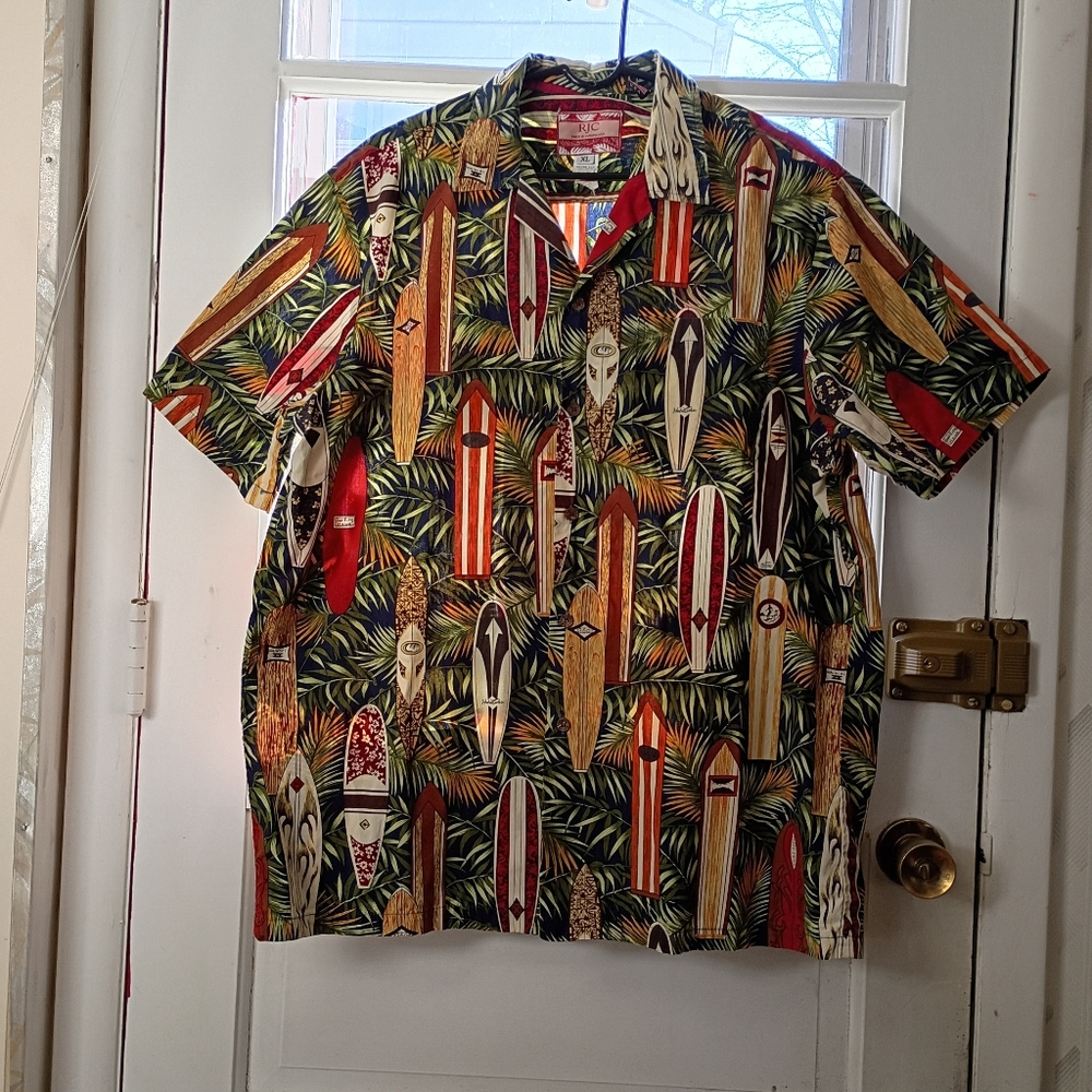 Hawaiian Shirt RJC Men's XL 100% Cotton Surfboards Beach Vacation Colorful USA
